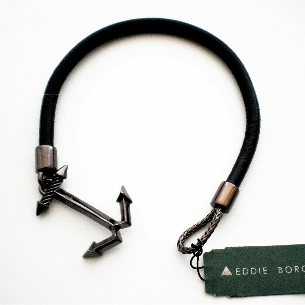 Nwt Eddie Borgo Man Rhodium Sterling Silver Black Leather Anchor Arrow Bracelet
